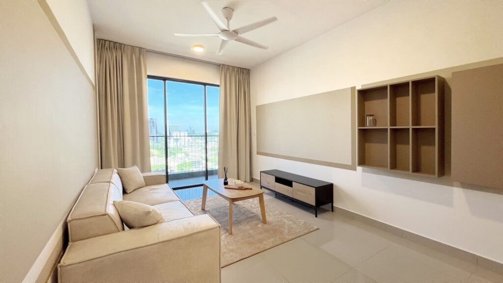 A modern living room with a view.